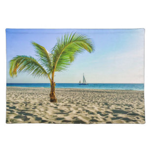 Tropical Beaches Sailboat, Palm Tree, Aruba Cloth Placemat