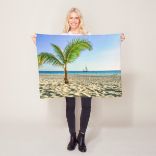 Tropical Beaches   Sailboat, Palm Tree, Aruba Fleece Blanket