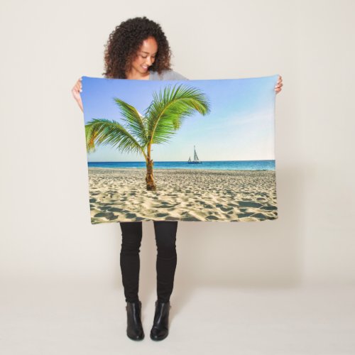 Tropical Beaches  Sailboat Palm Tree Aruba Fleece Blanket