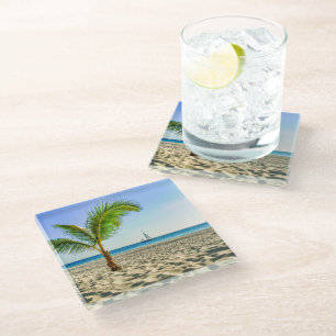 Tropical Beaches   Sailboat, Palm Tree, Aruba Glass Coaster