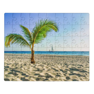 Tropical Beaches Sailboat, Palm Tree, Aruba Jigsaw Puzzle