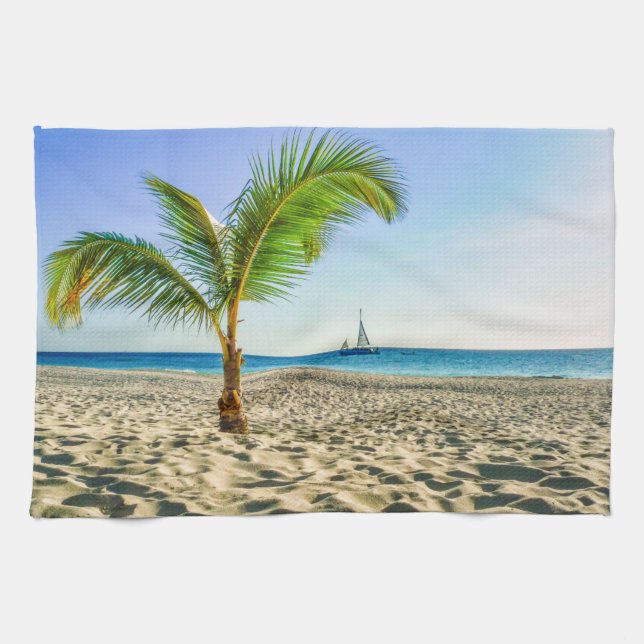Tropical Beaches | Sailboat, Palm Tree, Aruba Kitchen Towel (Horizontal)