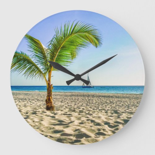 Tropical Beaches  Sailboat Palm Tree Aruba Large Clock