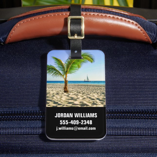 Tropical Beaches | Sailboat, Palm Tree, Aruba Luggage Tag (Front Insitu 2)