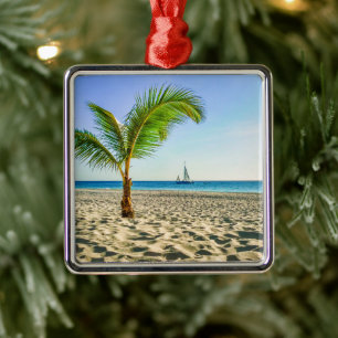 Tropical Beaches Sailboat, Palm Tree, Aruba Metal Ornament