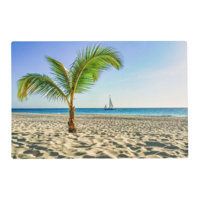 Tropical Beaches | Sailboat, Palm Tree, Aruba Placemat (Front)