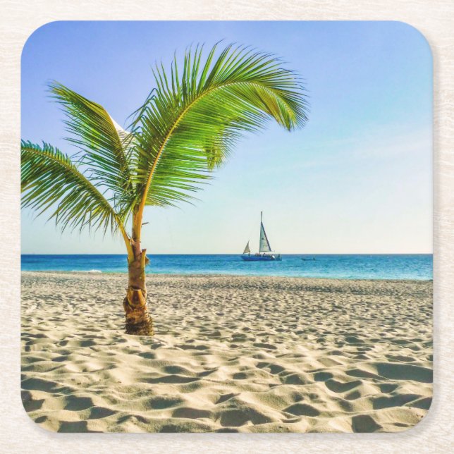Tropical Beaches | Sailboat, Palm Tree, Aruba Square Paper Coaster (Front)