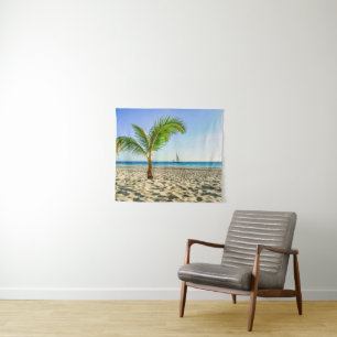 Tropical Beaches   Sailboat, Palm Tree, Aruba Tapestry