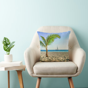 Tropical Beaches   Sailboat, Palm Tree, Aruba Throw Pillow