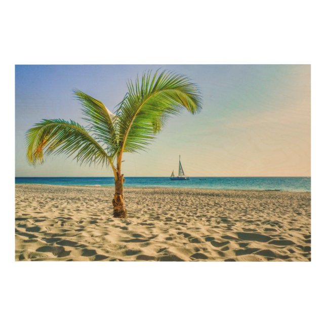 Tropical Beaches | Sailboat, Palm Tree, Aruba Wood Wall Art (Front)