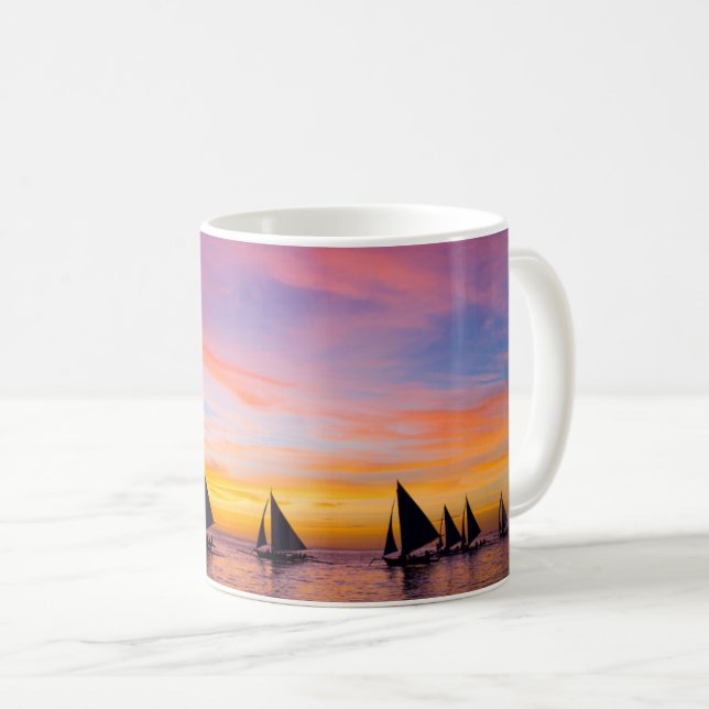 Tropical Beaches | Sunset Sailboats, Phillipines Coffee Mug (Front Right)