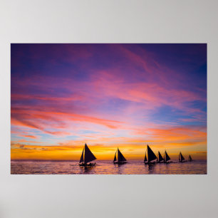 Tropical Beaches Sunset Sailboats, Phillipines Poster