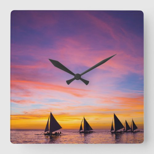 Tropical Beaches  Sunset Sailboats Phillipines Square Wall Clock