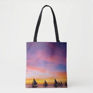 Tropical Beaches Sunset Sailboats, Phillipines Tote Bag