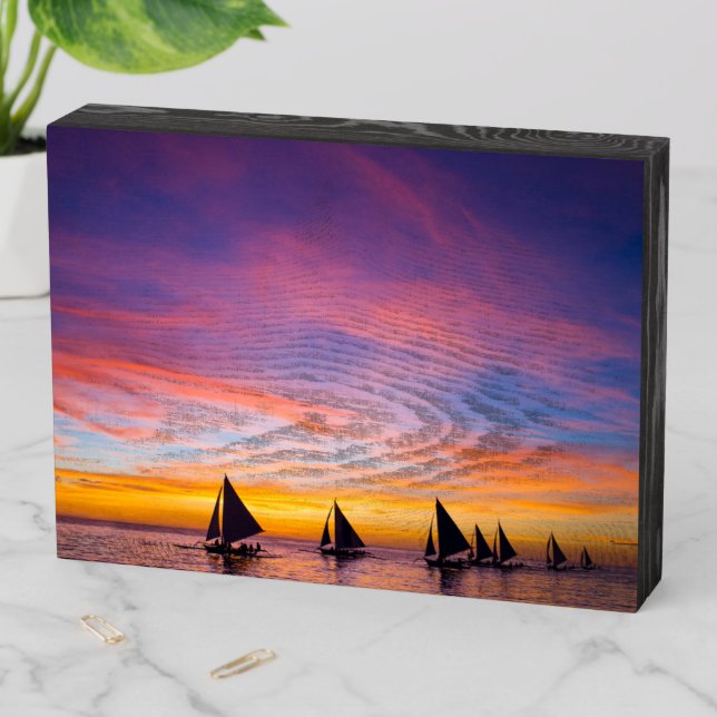 Tropical Beaches | Sunset Sailboats, Phillipines Wooden Box Sign (In Situ Horizontal)