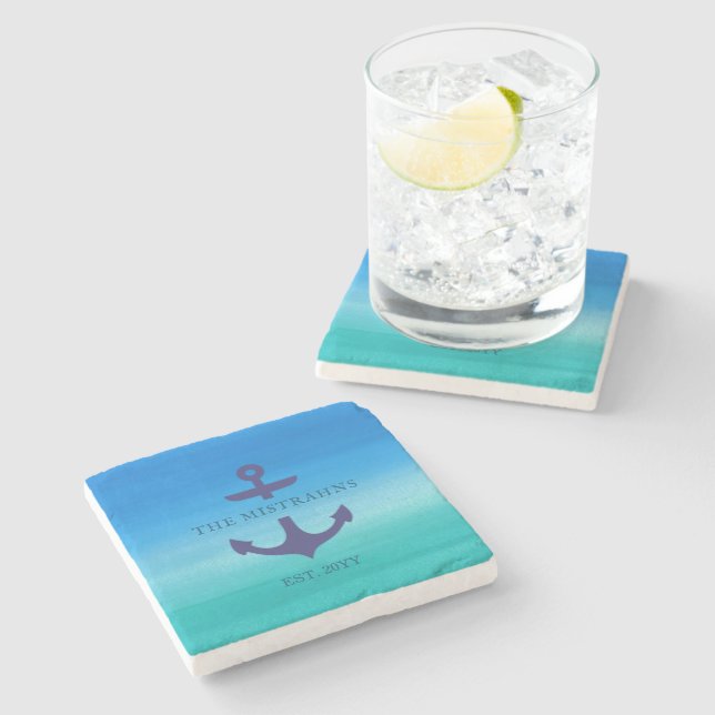 Tropical Beachy Nautical Anchor Boat Name Stone Coaster (Side)