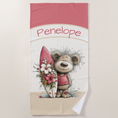 Tropical Bear Paradise with Floral Surf Charm Beach Towel