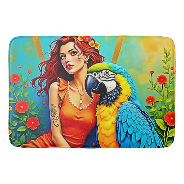 Tropical Beauty and Blue Parrot Design Bath Mat (Front)