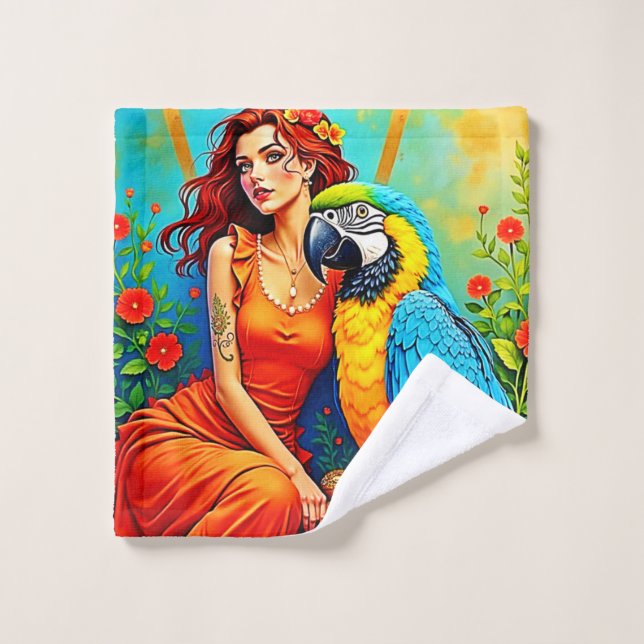 Tropical Beauty and Blue Parrot Design Bath Towel Set (Wash Cloth)