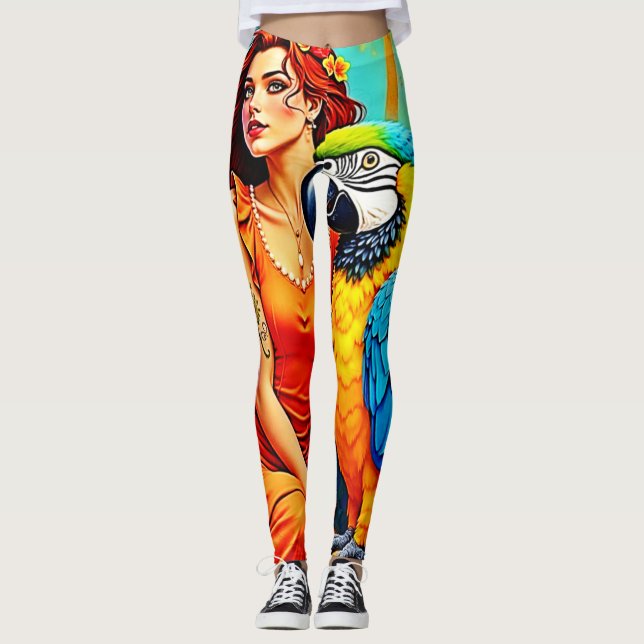 Tropical Beauty and Blue Parrot Design Leggings (Front)