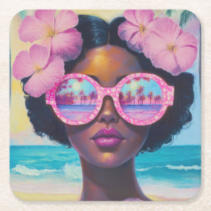 Tropical Beauty in Pink Shades Square Paper Coaster