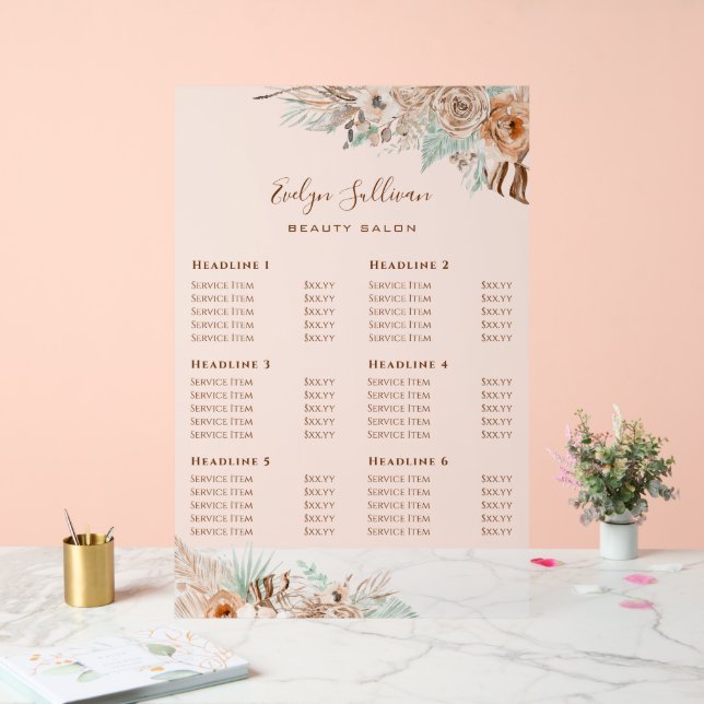 Tropical Beige and Mint  Price List Acrylic Sign (Wedding)