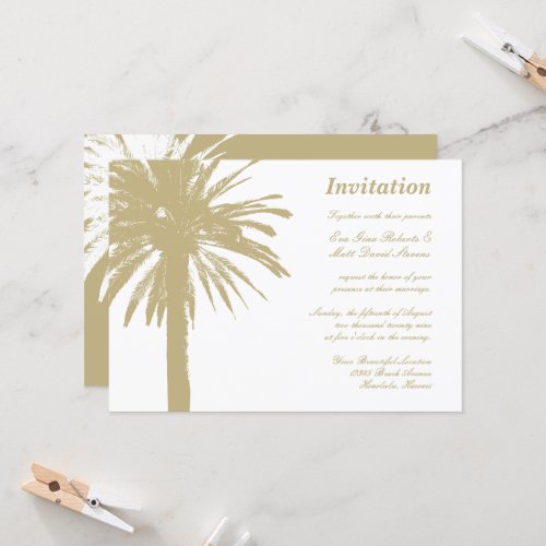 Tropical beige palm tree beach wedding invitations