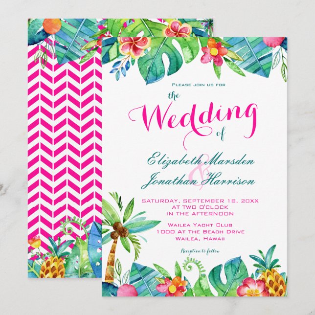 Tropical Berry Pink Teal Floral Chevron Wedding Invitation (Front/Back)