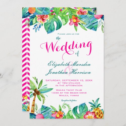 Tropical Berry Pink Teal Floral Chevron Wedding Invitation