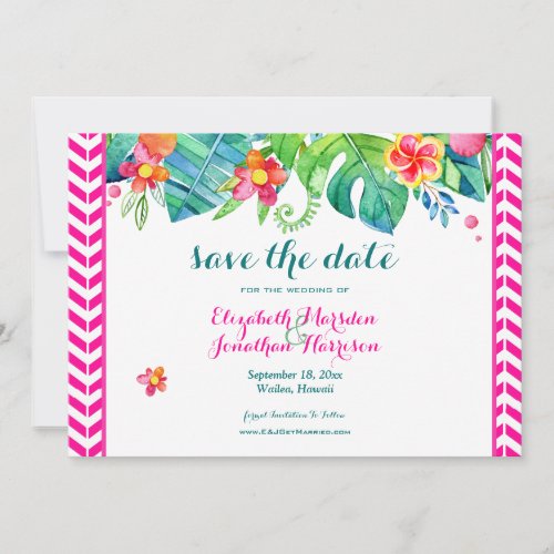 Tropical Berry Pink Teal Floral Chevron Wedding Save The Date