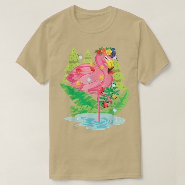 Tropical Bird Animal Flamingo Xmas Lights Christma T-Shirt (Design Front)