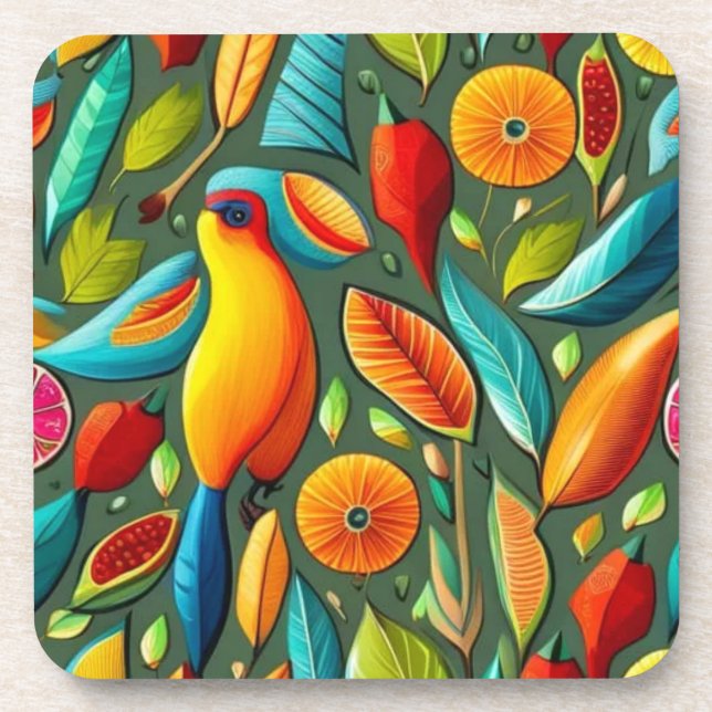 Tropical bird bright colors  beverage coaster (Front)