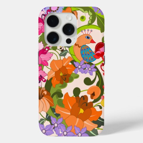 Tropical bird colourful damask flowers  Swirls iPhone 15 Pro Case