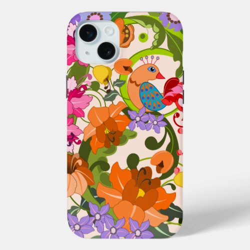 Tropical bird colourful damask flowers  Swirls iPhone 15 Plus Case
