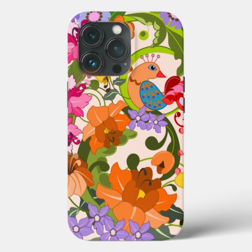 Tropical bird colourful damask flowers  Swirls iPhone 13 Pro Case