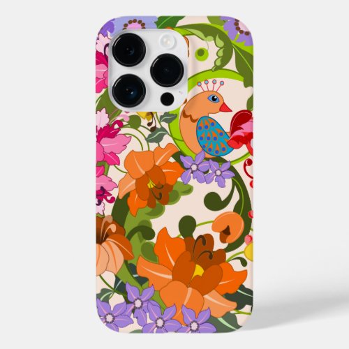 Tropical bird colourful damask flowers  Swirls Case_Mate iPhone 14 Pro Case