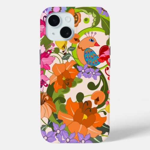 Tropical bird colourful damask flowers  Swirls iPhone 15 Case