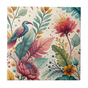 Tropical Bird & Floral Watercolor Painting Pattern Ceramic Tile