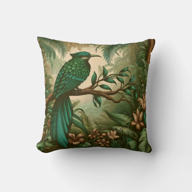 Tropical Bird in Lush Green Jungle 2 Throw Pillow (Front)