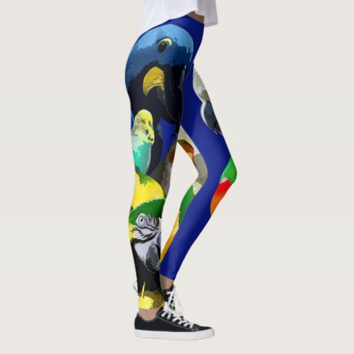 Tropical Bird Lovers Colorful Pet Parrots on Blue Leggings