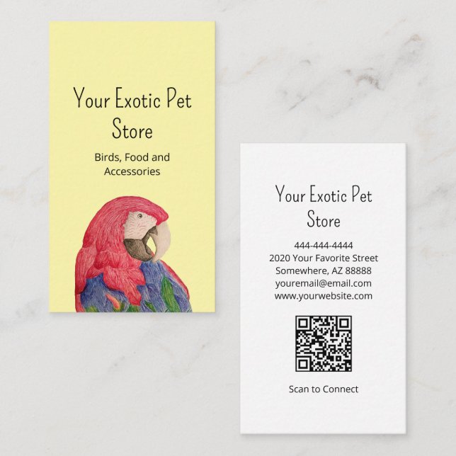Tropical Bird Macaw Pet Store QR code Yellow Business Card (Front/Back)