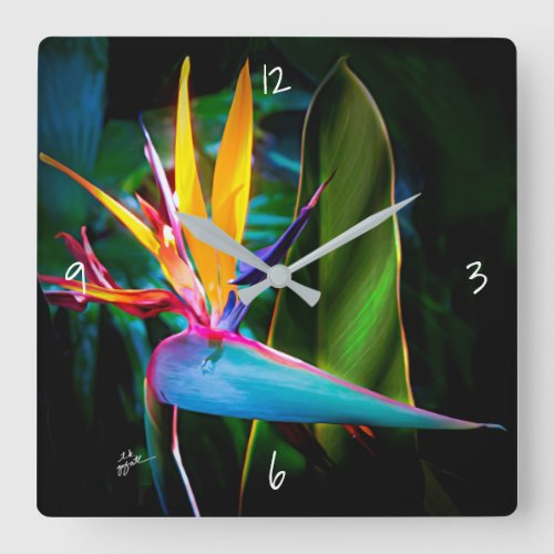 Tropical Bird of Paradis Floral Nature Fine Art Square Wall Clock
