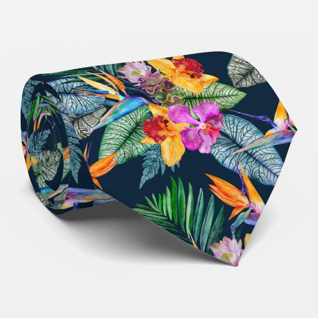 Tropical Bird Of Paradise And Orchid  Neck Tie (Rolled)