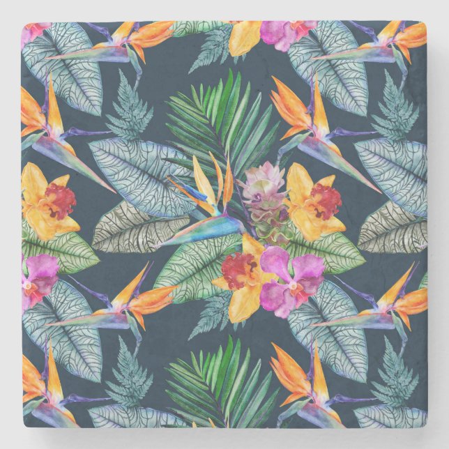 Tropical Bird Of Paradise And Orchid  Stone Coaster (Front)