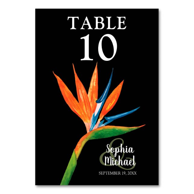Tropical Bird of Paradise Botanical Wedding Table Number (Back)
