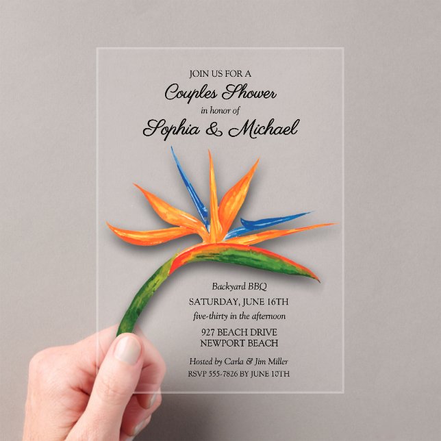 Tropical Bird of Paradise Couples Bridal Shower Acrylic Invitations (Insitu (Handheld))