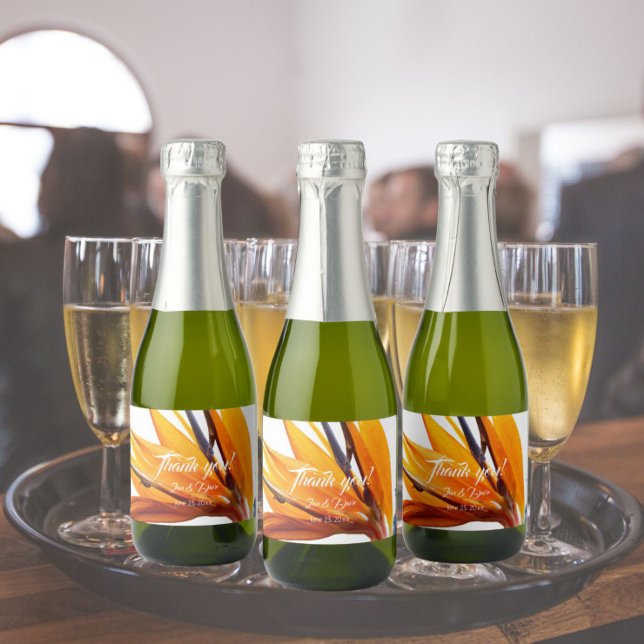 Tropical Bird of Paradise Floral Wedding Thank You Sparkling Wine Label (In Situ Wedding)
