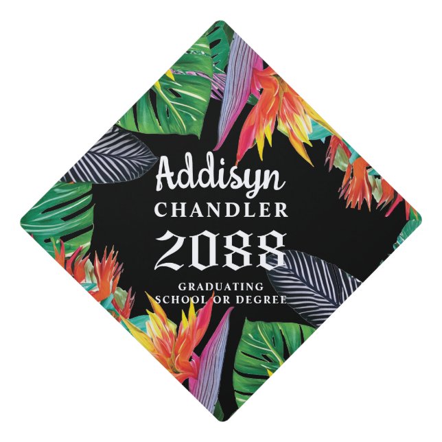 Tropical Bird of Paradise Flowers Jungle Leaves Graduation Cap Topper (Front)