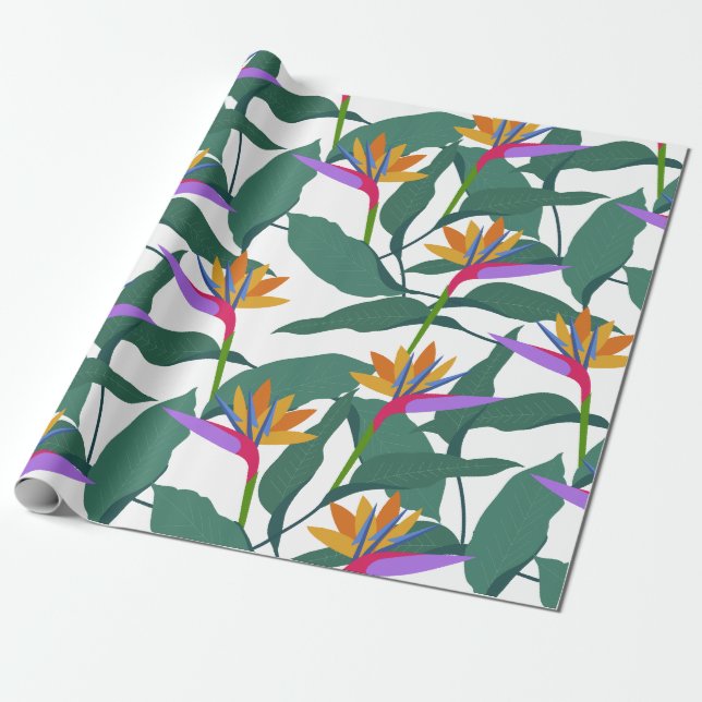 Tropical Bird of Paradise Flowers Patterned Wrapping Paper (Unrolled)