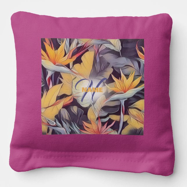 Tropical Bird of Paradise Monogram Cornhole Bags (Front)